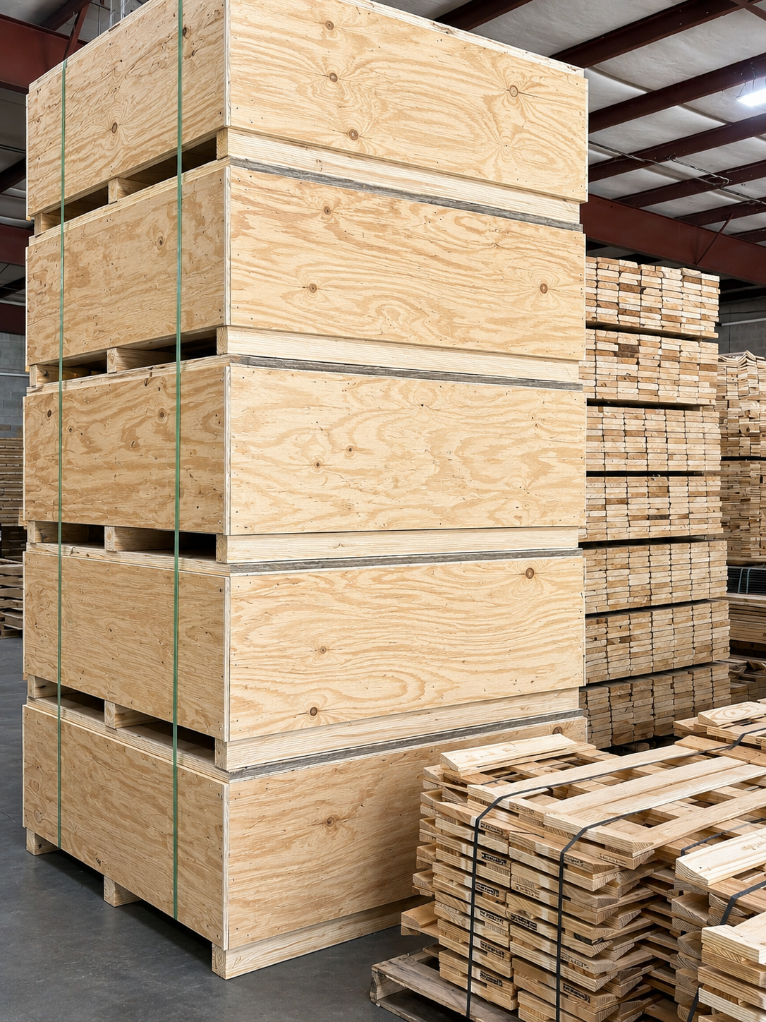 Stacked plywood crates built by Best Pack