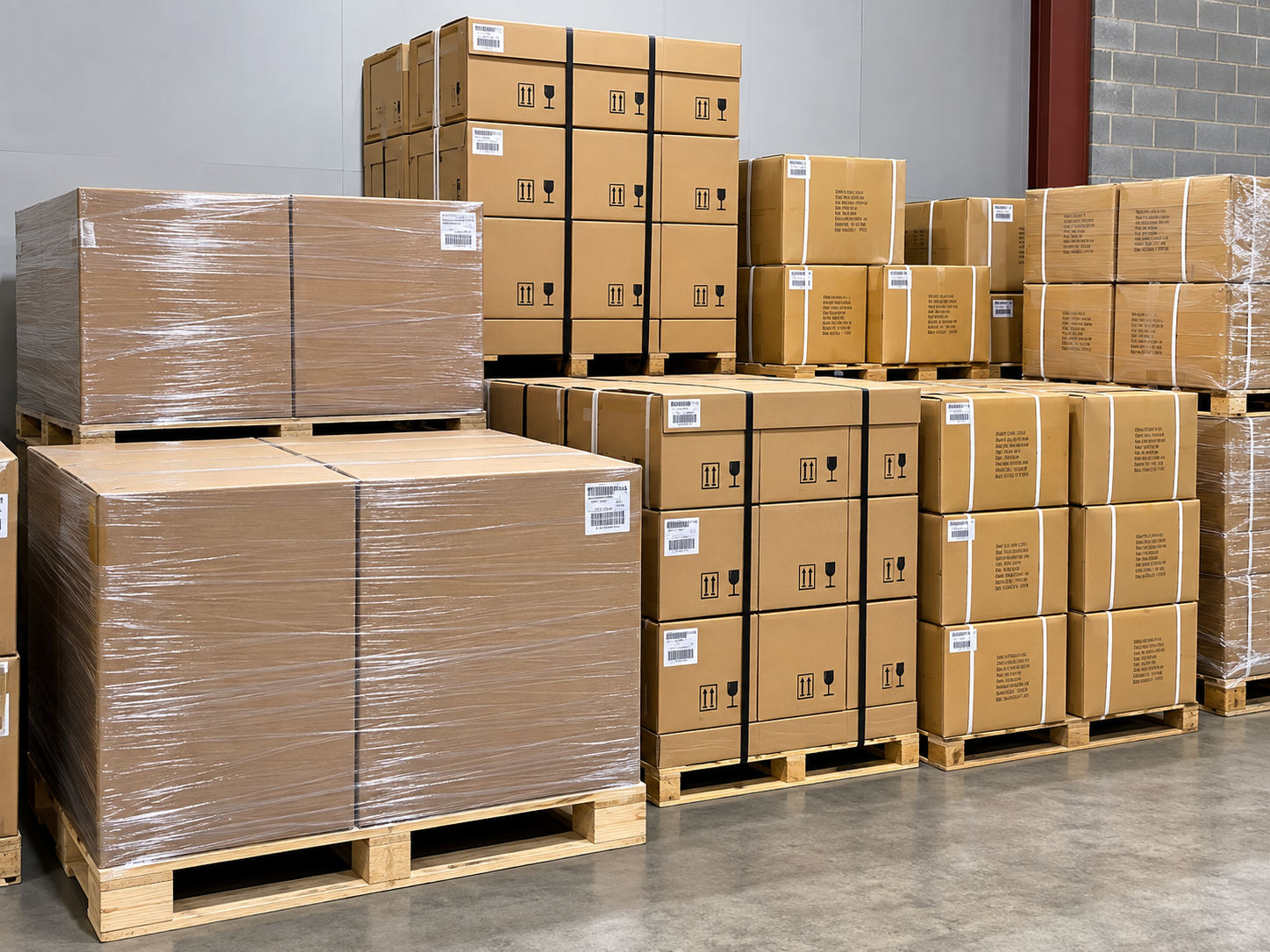 Packaged container stock in cartons on warehouse pallets