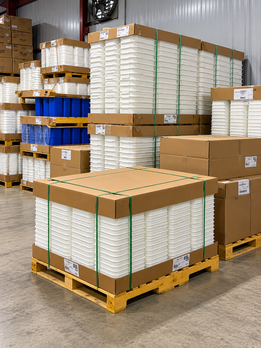 White plastic tubs stacked on pallets in the warehouse