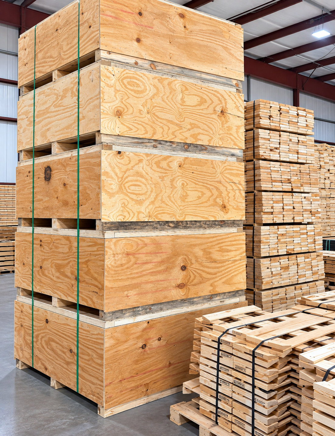 Large plywood shipping crates in the Best Pack facility