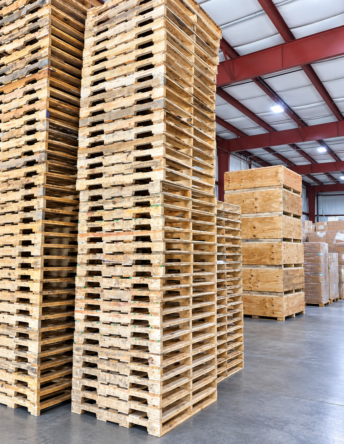 Tall stacks of wood pallets in the Best Pack warehouse