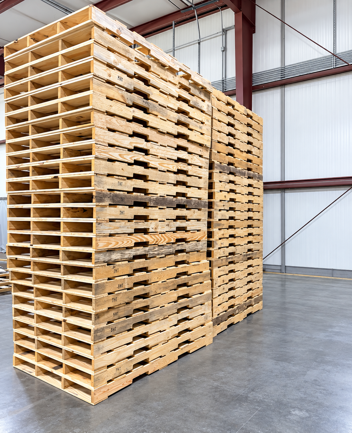 Stacks of custom wood pallets manufactured by Best Pack